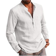 AMOUNE Herren-Leinenhemd – Modern Soft – Lange Ärmel – Stehkragen – Weiß