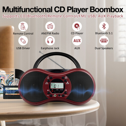 (Black, Australian Standard) Lettore CD portatile Bluetooth con radio FM e supporto USB. 2