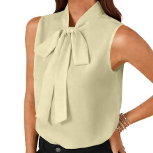 Women's Elegant Bow Tie Mock Neck Sleeveless Blouse-Beige S