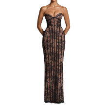 Flower Lace Strapless Prom Long Dress for Women Wedding-Black S