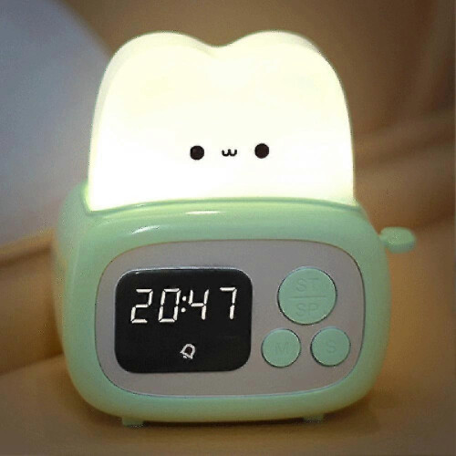 (Yellow) Cute Timer Clock Toaster Lamp USB Charging Bedside Night Light LED Digital Table Clock Alarm 1