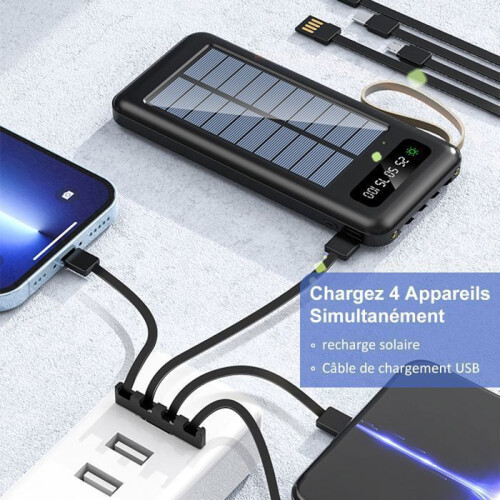 20000mAh Solar Power Bank with 4 Built-In Cables, 6 Outputs, 3 Inputs, LED Display and Flashlight 1