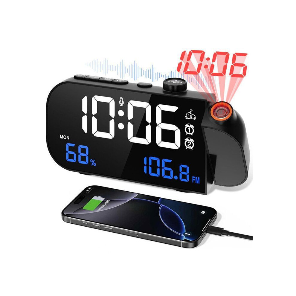 Ceiling Projector Alarm Clock with FM Radio, 2 Snooze Alarms, Temperature and Humidity Display, USB and Type-C Ports