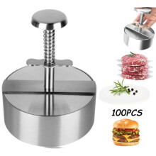 Prensa para hamburguesas ajustable de acero inoxidable con 100 hojas de papel para hornear, 8,9 x 8,9 x 14 cm, fácil de limpiar.