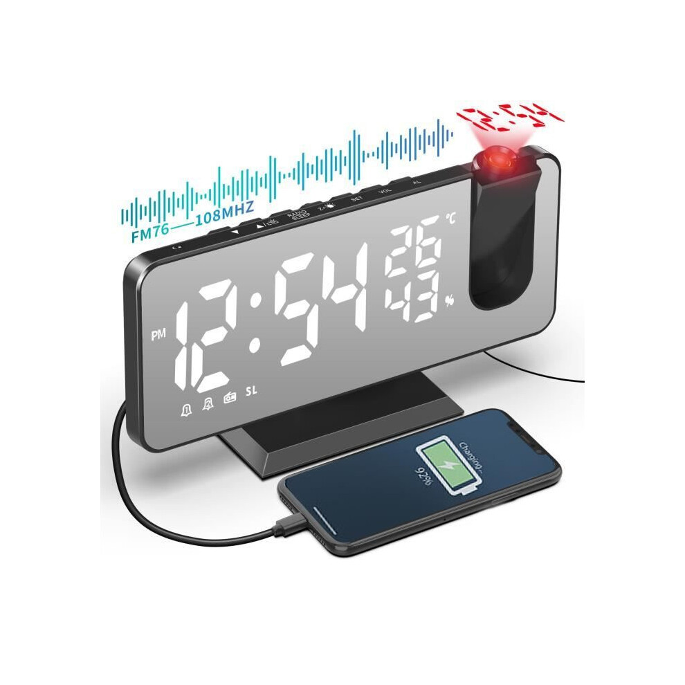 Ceiling Projection Alarm Clock Radio, Digital Mirror Screen Clock with Temperature and Humidity Display