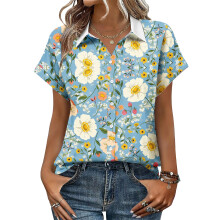 Women's Button-Down Shirts, Short Sleeve, V-Neck,-Sky Blue XXL