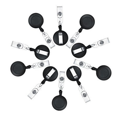 Black Matte Rounded Leather ID Badge Reel Retractable Clip Set 10pcs 2