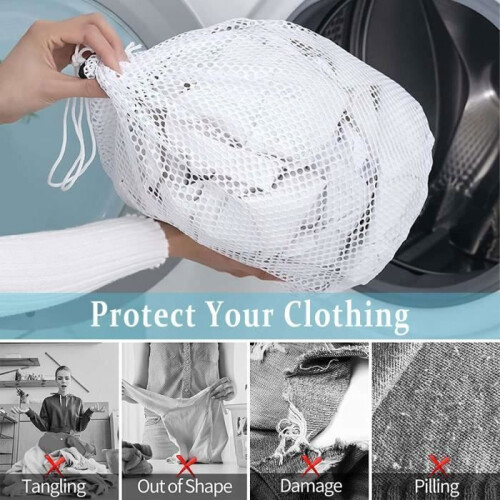 5-Piece Laundry Net Set, Drawstring Laundry Bags in 3 Sizes, White Mesh Laundry Net for Washing Machine, Reusable Laundry Net 2