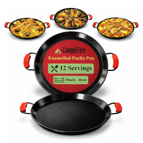 Camp&Fire 46cm Enamelled Paella Pan. Non-Stick, Rust-Resistant with Silicone Handle Holders.