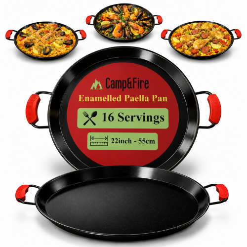 Camp&Fire 55cm Enamelled Paella Pan. Non-Stick, Rust-Resistant with Silicone Handle Holders.