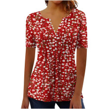 Women's Fashion Short-Sleeve Button-Down V-Neck-Burgundy XL