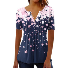 Women's Fashion Short-Sleeve Button-Down V-Neck Belt-Purple S