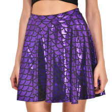 Women Mermaids Fish Scale Pleated Flared Mini Skirts-Purple S