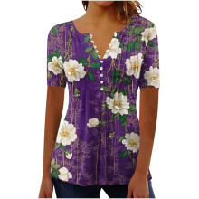 Women's Fashion Short-Sleeve Button-Down V-Neck Belt-Purple M