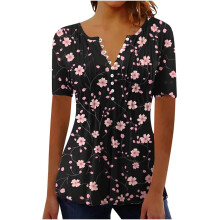 Women's Fashion Short-Sleeve Button-Down V-Neck Belt-Black L