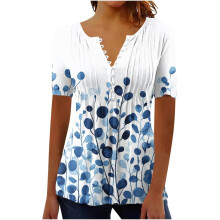 Women's Fashion Short-Sleeve Button-Down V-Neck-Royal Blue L