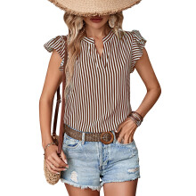 Summer Striped Blouse for Women Ruffle Trim-coffee brown L