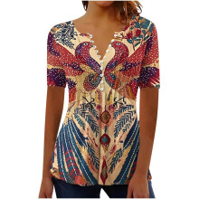 Women's Fashion Short-Sleeve Button-Down V-Neck Belt-Brown XXL