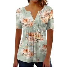 Women's Fashion Short-Sleeve Button-Down V-Neck Belt-Green XXL