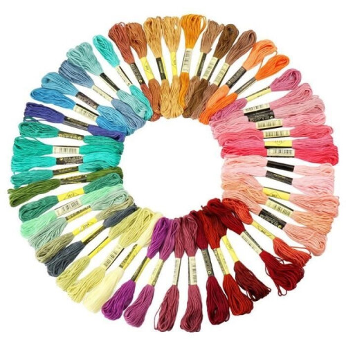 Complete beginner embroidery kit including: 5 bamboo embroidery hoops, 50 brightly colored threads, 1