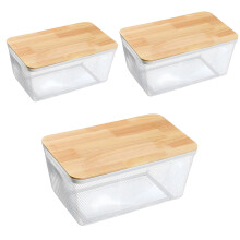 Set mit 3 Metalldrahtkörben mit Holzgriffen zur-Weiß