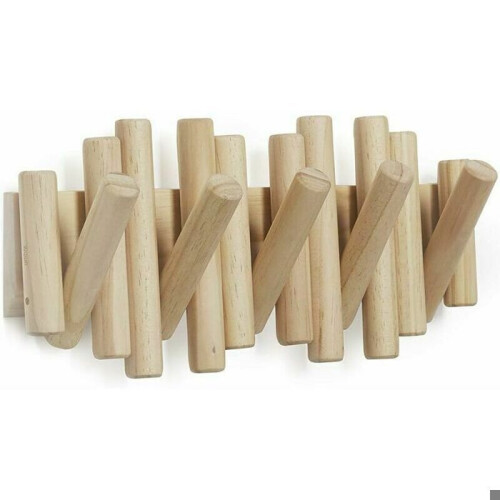 Handmade solid wood wall-mounted coat rack with 5 modern and unique hooks for multiple colors. Large 1