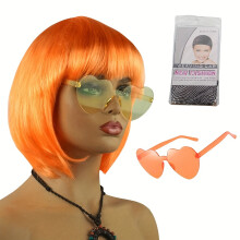 (Orange-Red) Funny Quirky Headwear: Colored Wig Frameless Glasses Hair Net - Halloween Event Props