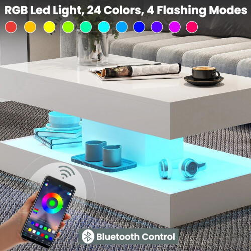 Modern White High Gloss Coffee Table LED Lights 2 Tier Rectangle Tea Table 1