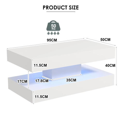Modern White High Gloss Coffee Table LED Lights 2 Tier Rectangle Tea Table 2