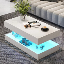 Modern White High Gloss Coffee Table LED Lights 2 Tier Rectangle Tea Table