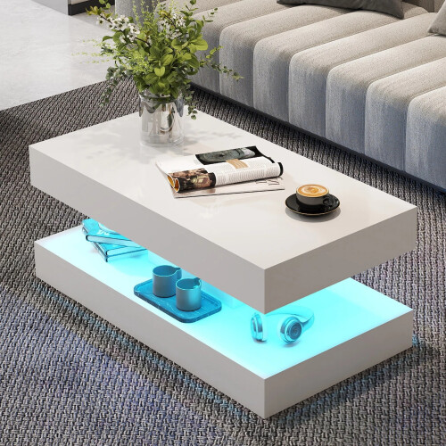 Modern White High Gloss Coffee Table LED Lights 2 Tier Rectangle Tea Table