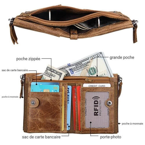 Men's RFID Wallet - FONDUPIN - Foldable - Cowhide Leather - Brown1 1