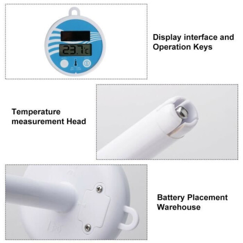 Solar-powered digital thermometer: A precise tool for measuring swimming pool water temperature. 2