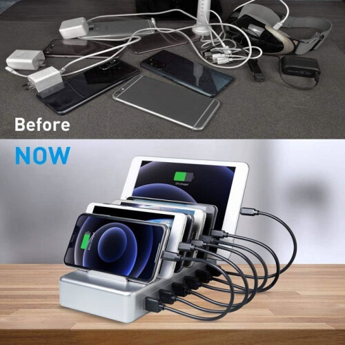 6-Port-USB-Multiladestation mit 6 kurzen Kabeln, Silber 2