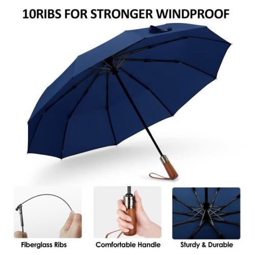 Automatic Umbrella with Wooden Handle, Automatic Closing, Protection Against Rain, Sun, Wind, Durable, etc. Blue 2