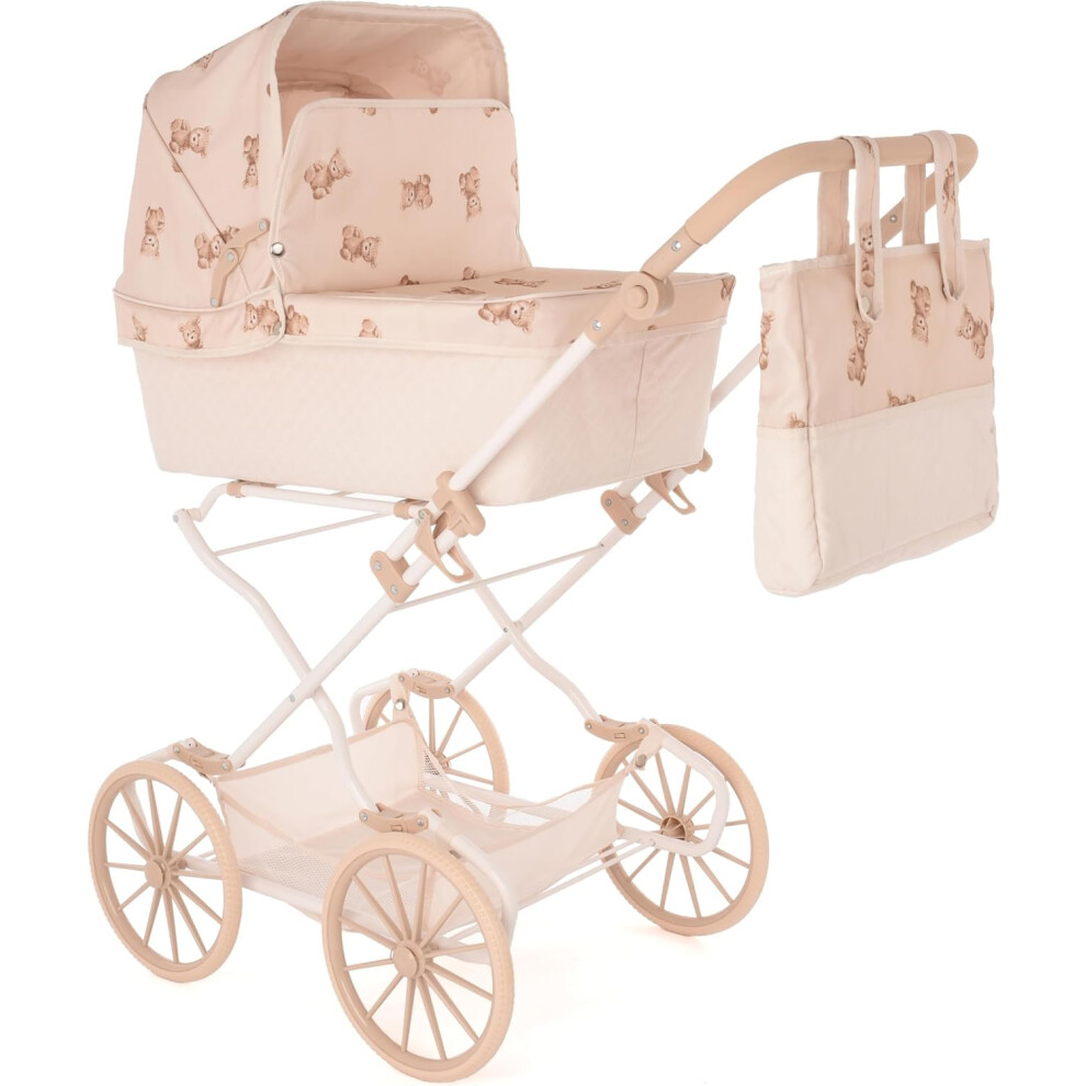 Roma Teddy Reborn Dolls Pram For Taller Children, Cute Teddy Design, Adjustable Handle 62.5-93 Cm, Baby Toy Fo