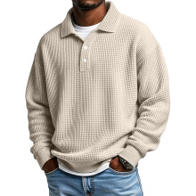 Durable Men's Long Sleeve Casual Loose Fit Shirt With-Khaki L