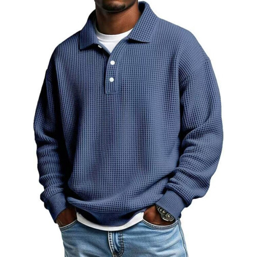 Lightweight Waffles Knit Texture Long Sleeve-dark blue XL