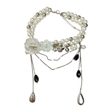 Elegant Beaded Flower Fringe Necklace With Adjustable-Silver