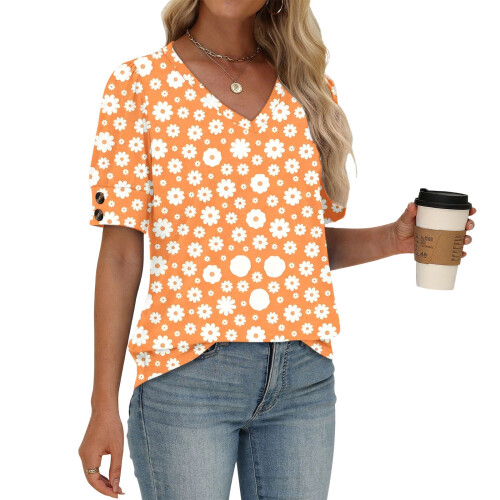 Women's  Short Sleeve Button-Down V-Neck Shirts rSets -Beige S 1