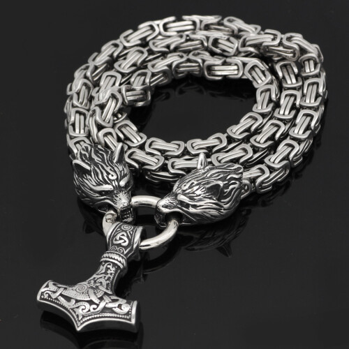 Joia viking Martelo de Thor com colar de couro Prata  90 cm 2