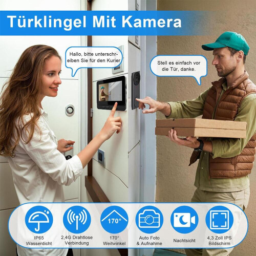 Campainha com câmera, campainha de vídeo à prova d'água 1080P, campainha sem fio com tela IPS de 4,3 polegadas e câmera, campainha Wi-F 1