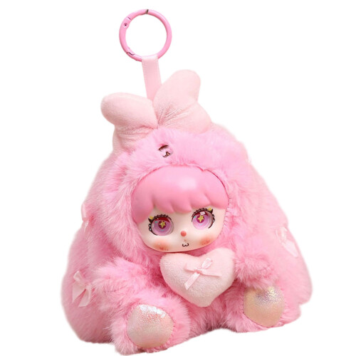Charming Vinyls Face Rabbit Key Chain Featuring Plush-Rose Red