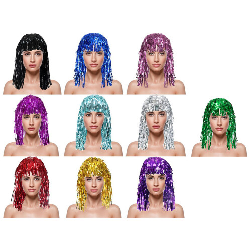 Lot de 10 perruques de cosplay scintillantes, postiche à frange