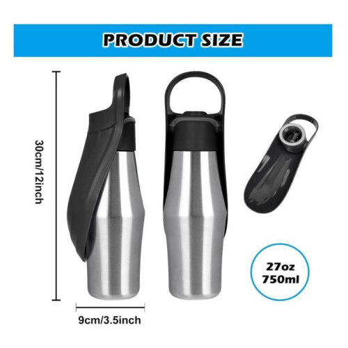 Μπουκάλι νερού για σκύλους, 750 ml, πτυσσόμενο 180, από ανοξείδωτο ατσάλι, στεγα 2