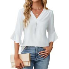 Summer Essential Women's Chiffon Shirt V Neck Ruffled-White M