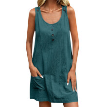 Women's Solid Color Cotton Linen Casual Pocket Overall-Blue M