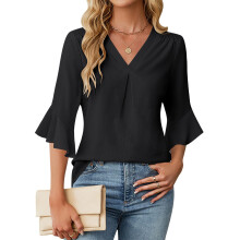 Women's Fashion V Neck Blouse with Ruffled Three-Black XL
