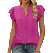 Womens Business Summer Tops Casual V Neck Ruffle-rose red XL