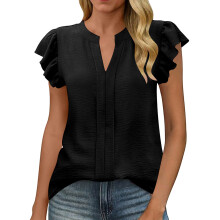 Womens Business Summer Tops Casual V Neck Ruffle Cap-Black M